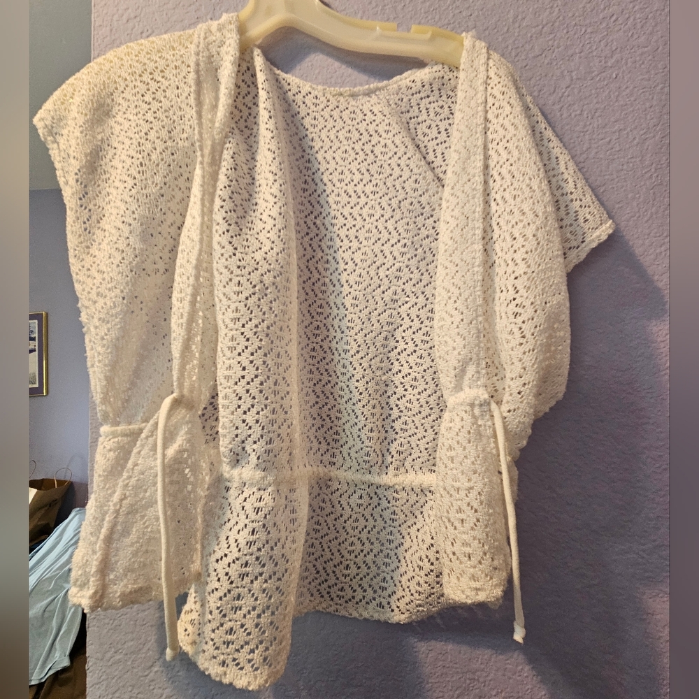White Crochet Open-Front Cardigan